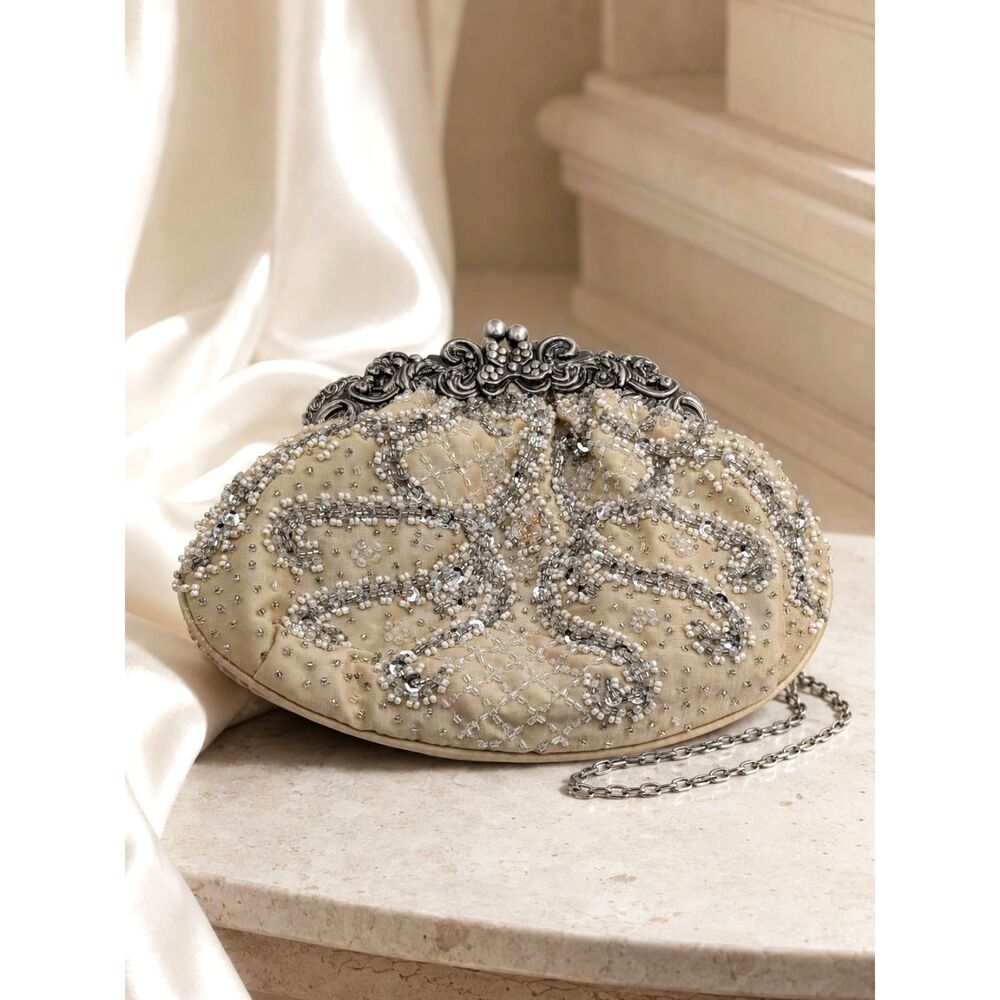 Vintage 1990s Beaded Evening Bag Champagne Satin Bridal Clutch by Carlo Fellini